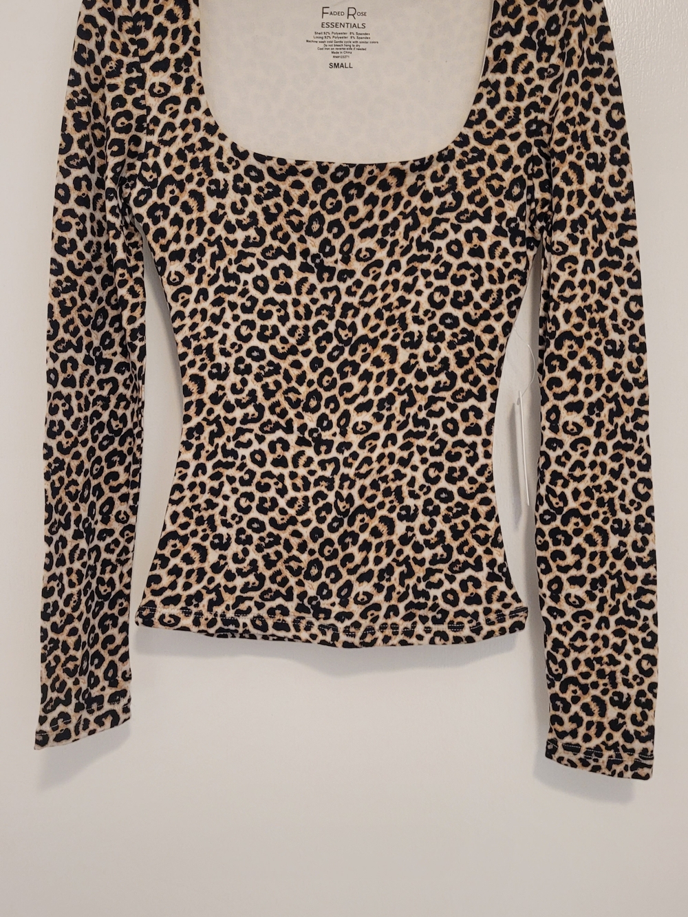 Essentials Faded Rose Leopard Scoop Neck Long Sleeve Top - Small NWT